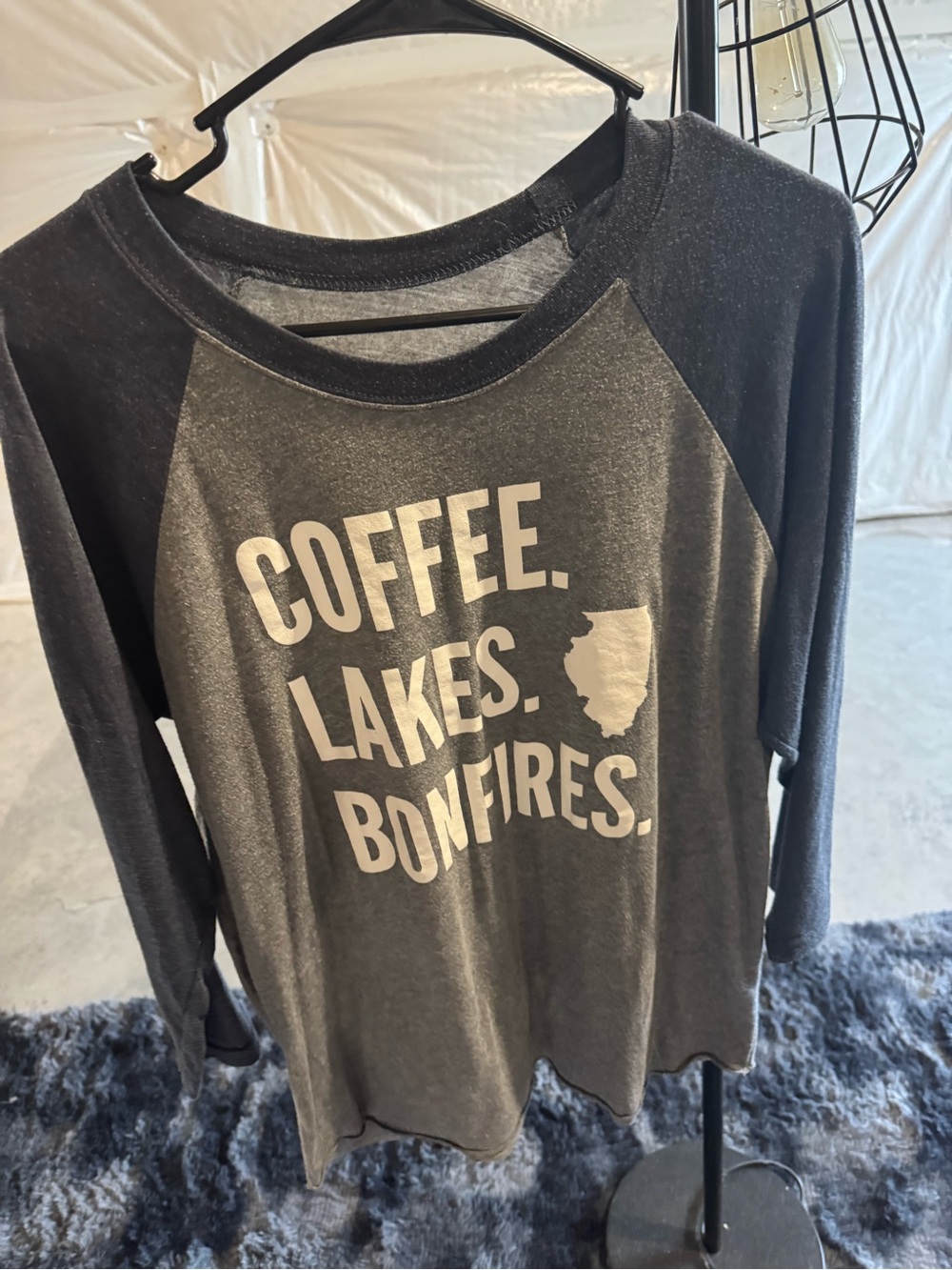 Women’s Gray Raglan Graphic Top - Coffee. Lakes. Bonfires.